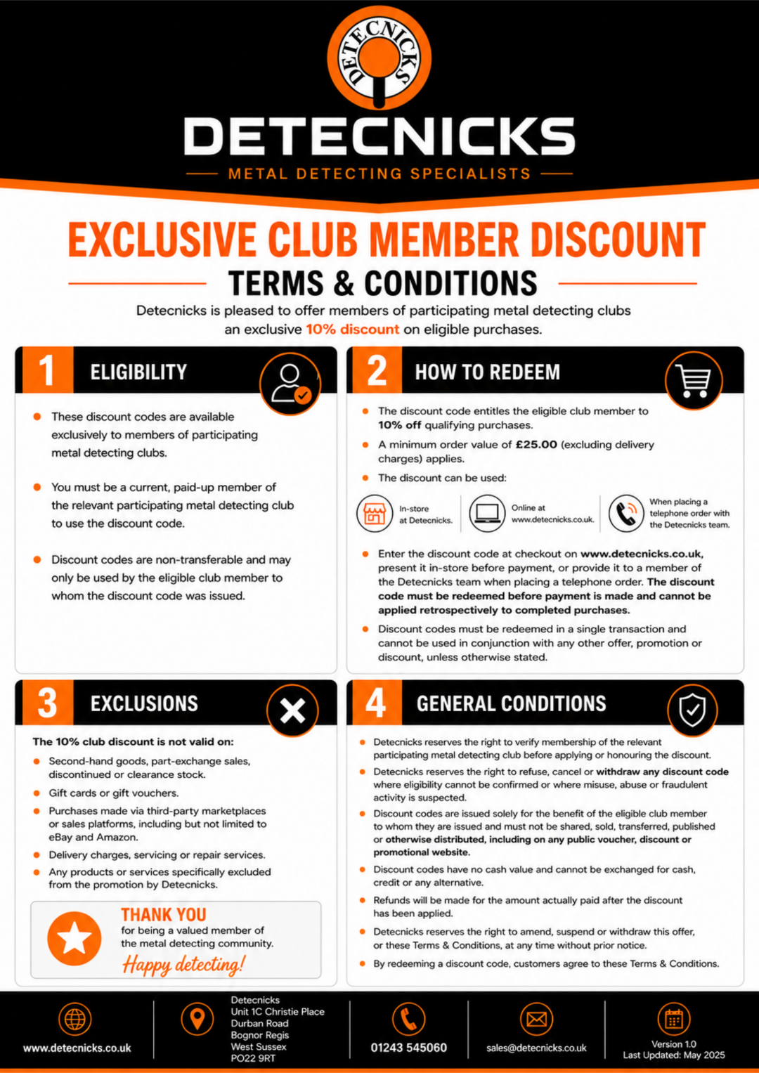 Detecnicks 10&% Clubs discount Codes T+C's